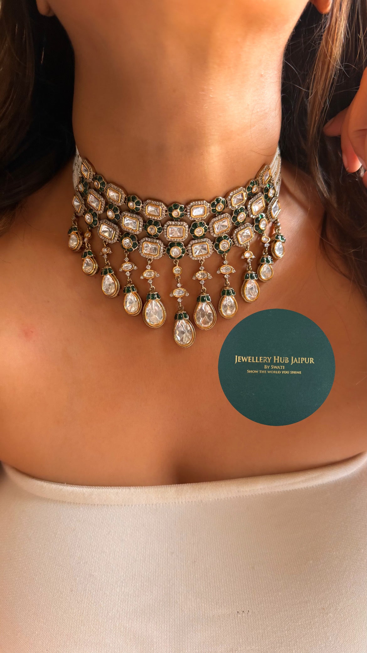 Emerald floral & moissanite polki choker set