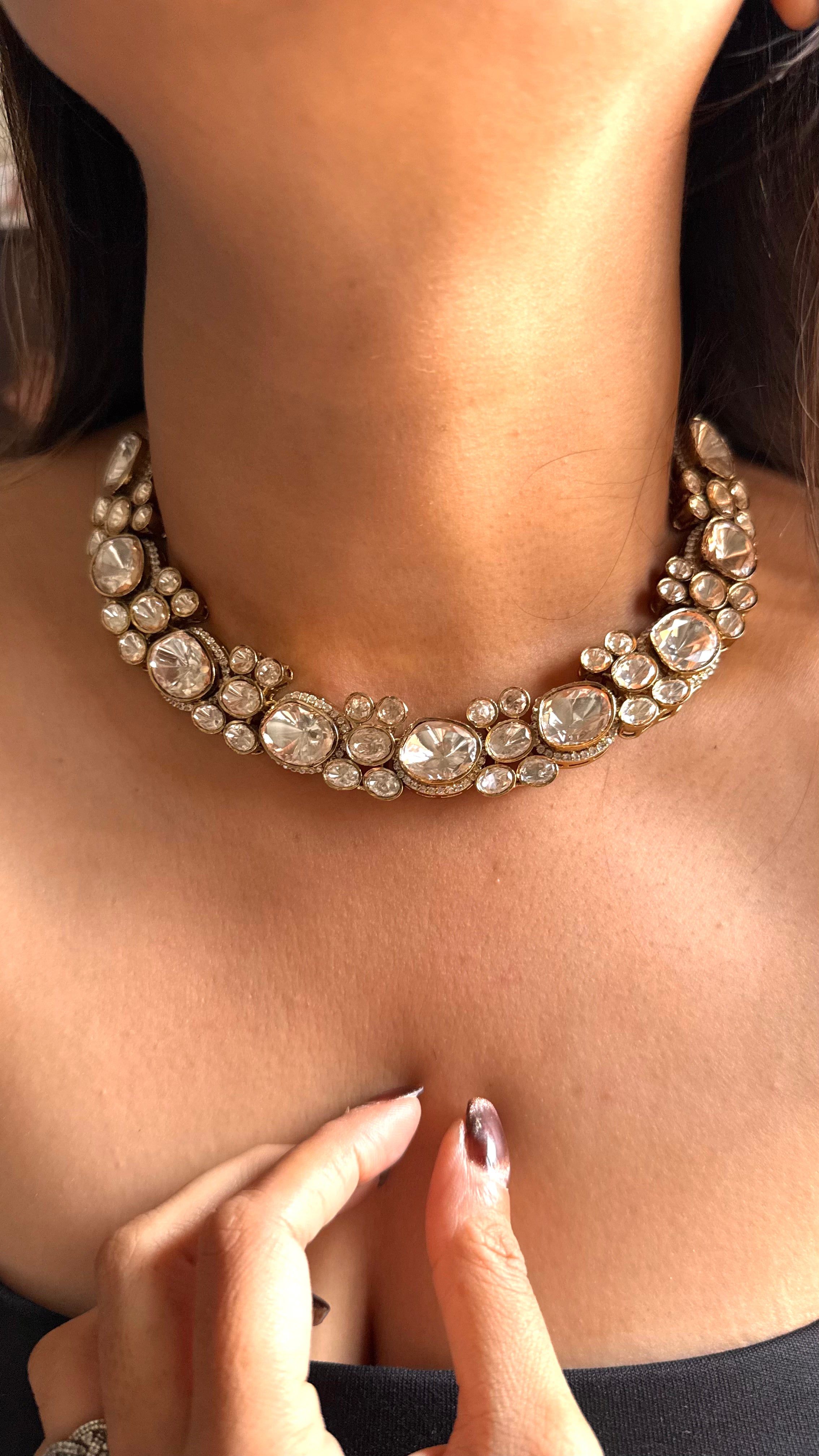 Moissanite uncut polki floral collar necklace