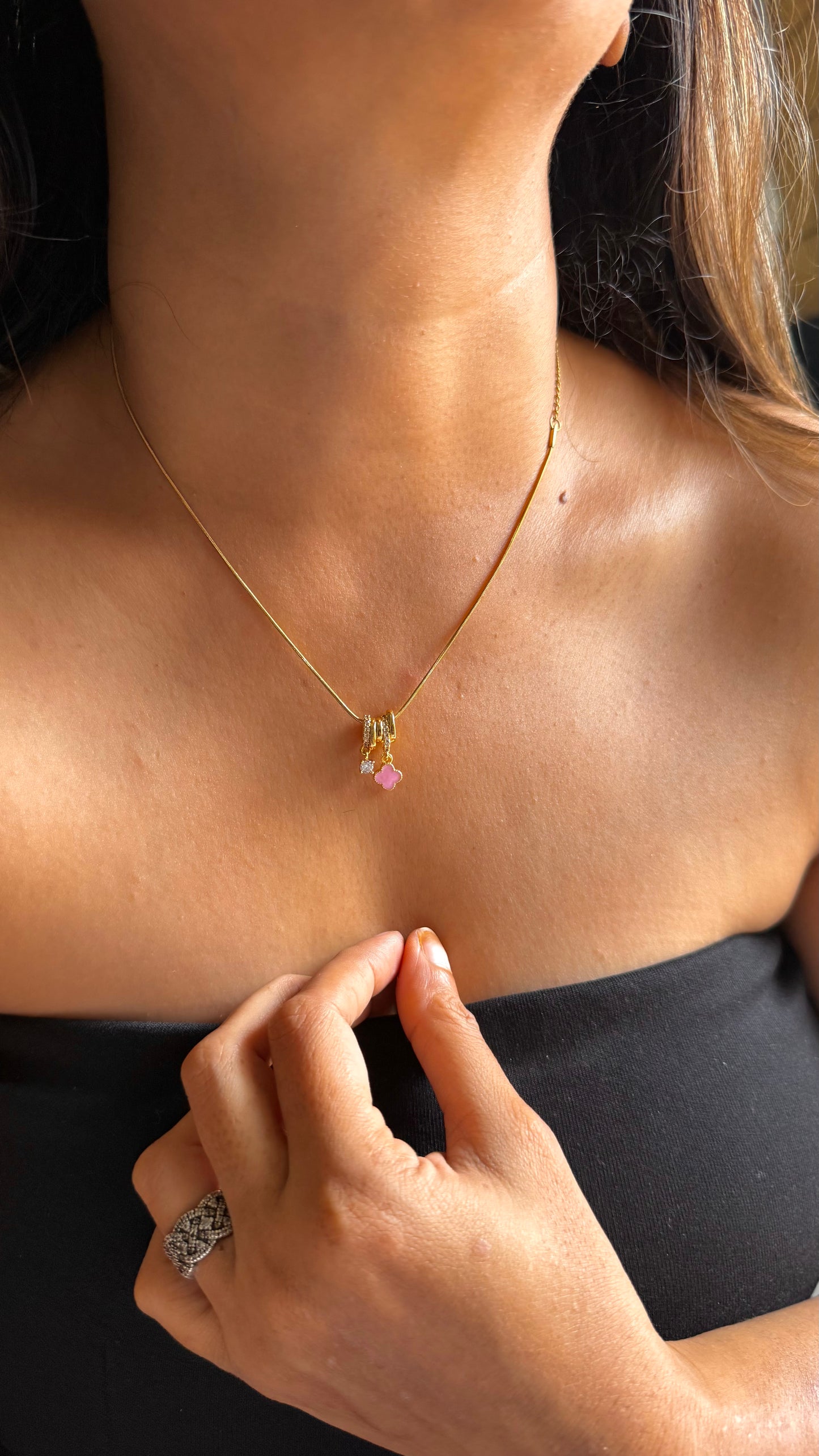 Triple-Ring Pink Stone Drop Necklace