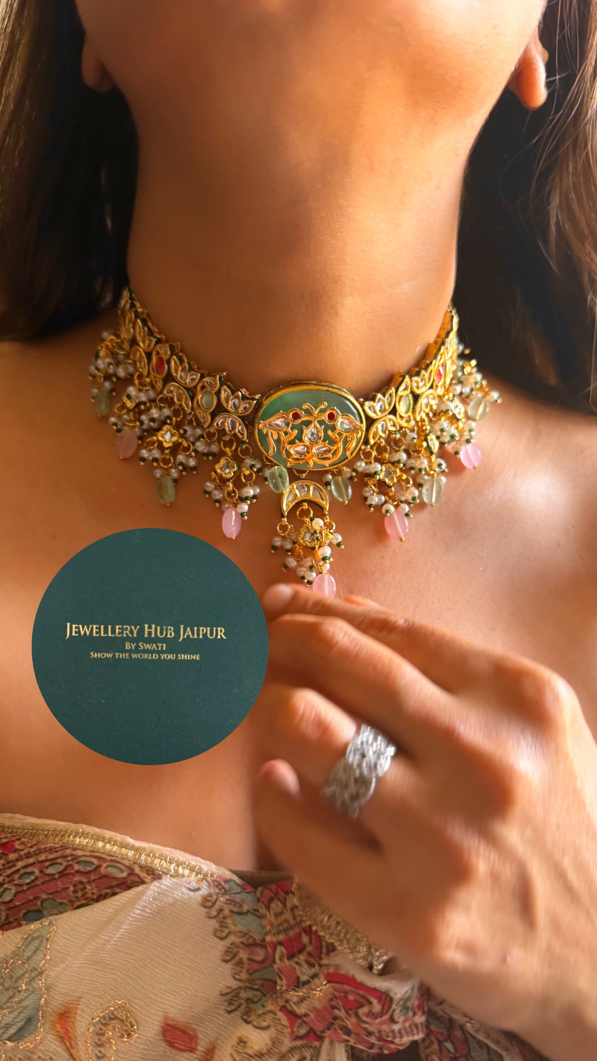 Mint peacock inlay work & emerald meenakari paachi with rose quartz drop choker set
