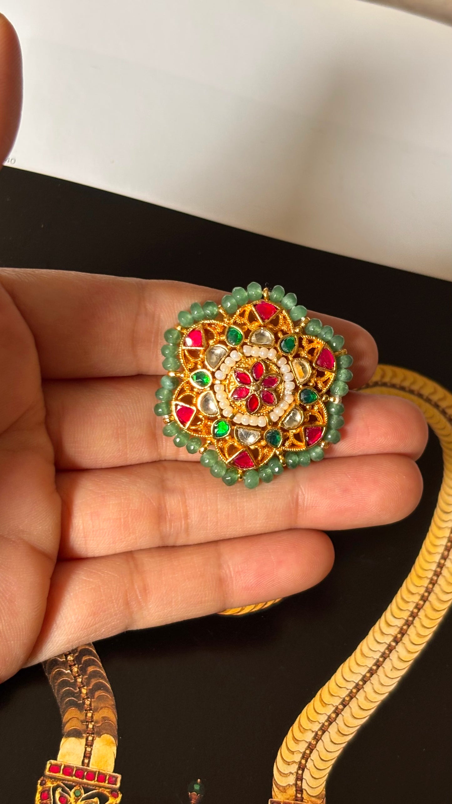 Floral nakashi Paachi Kundan adjustable ring