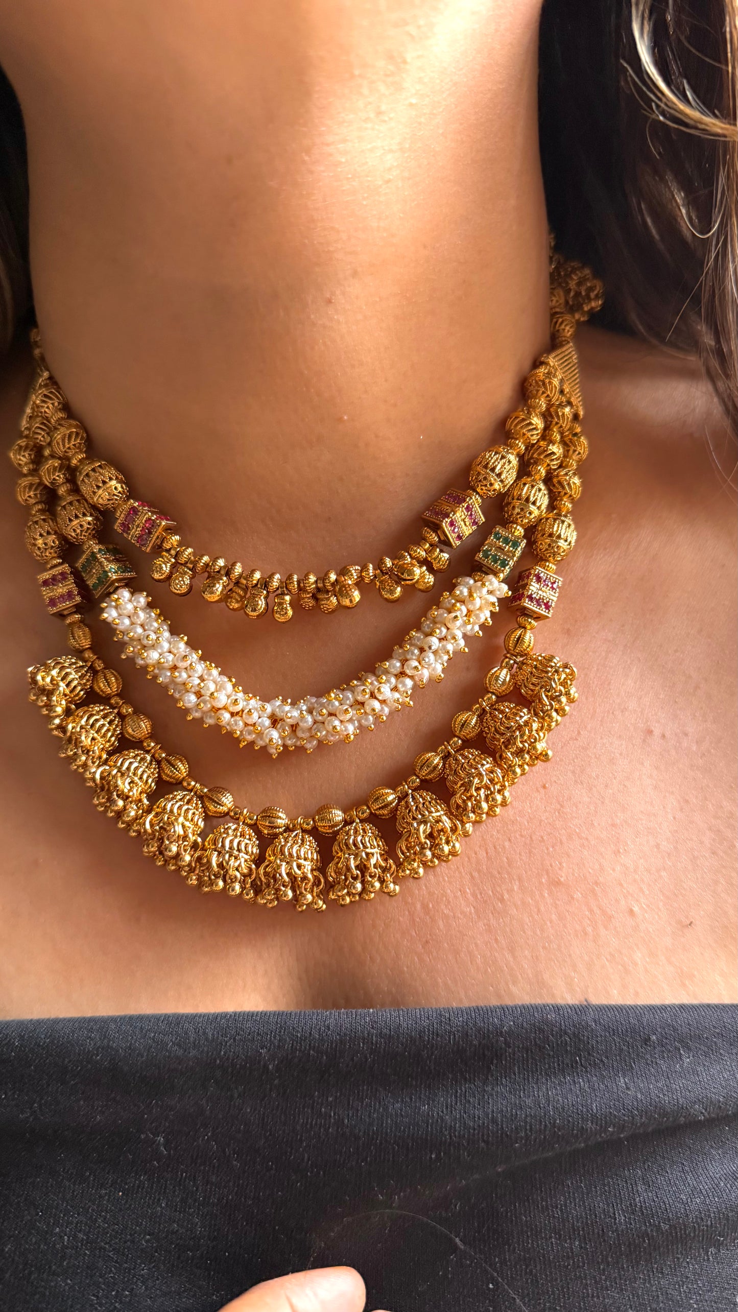 Triple layer Heritage necklace with Jhumki pattern
