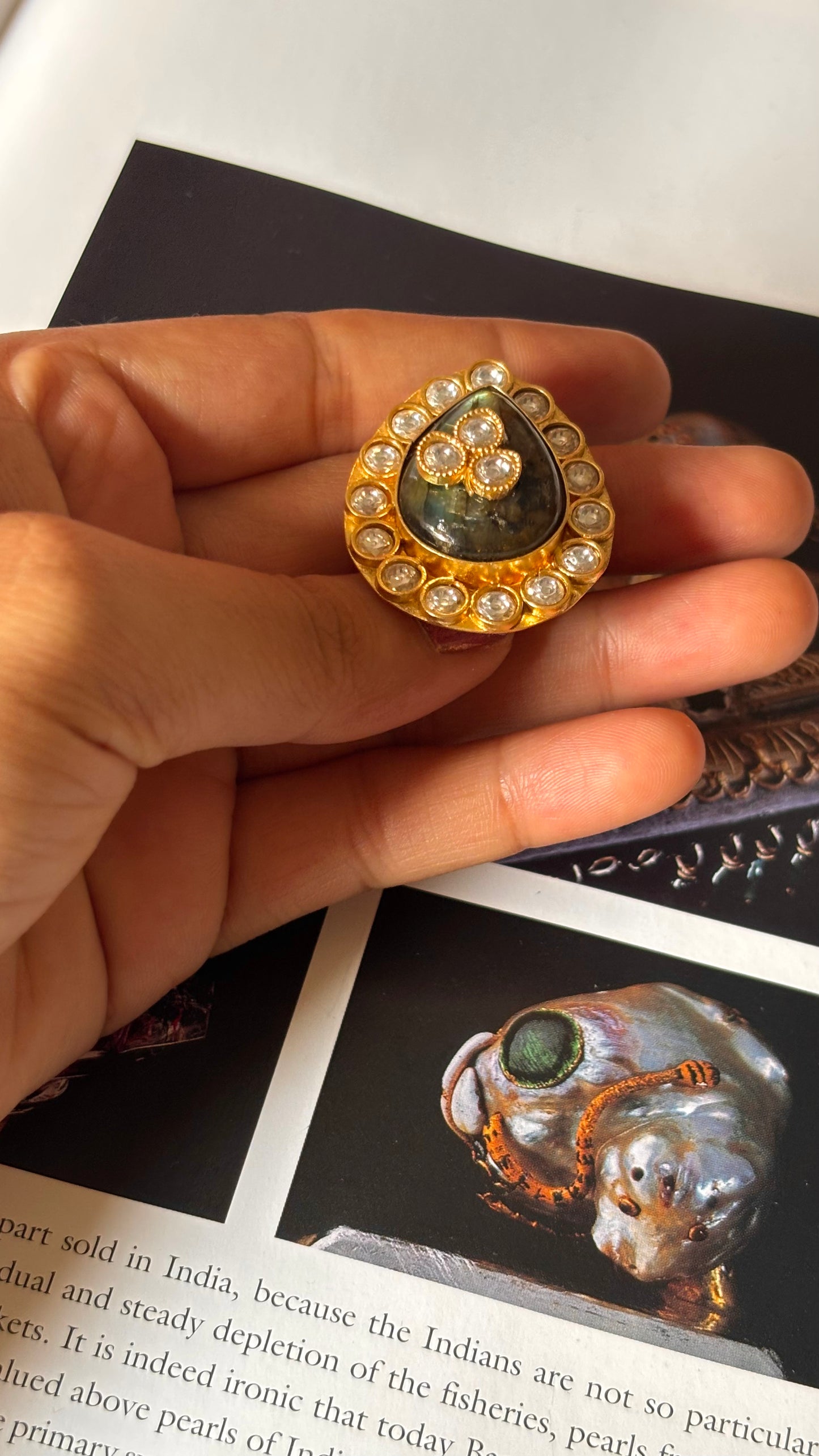 Drop shape real stone carved ring