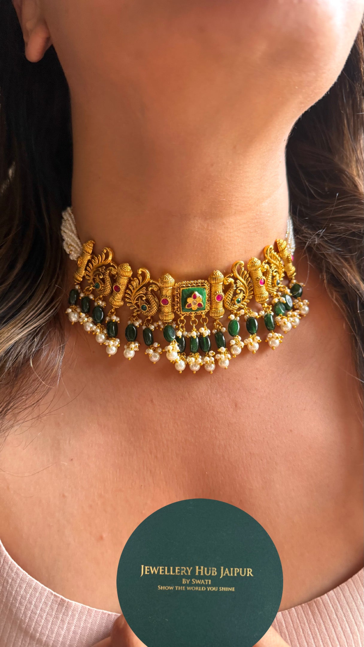 Emerald with peacock inspired antique gold Coker necklace