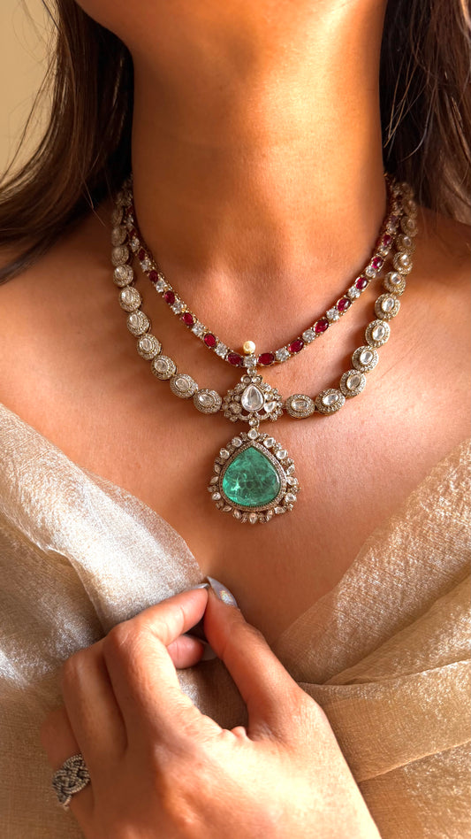 Mint doublet & ruby polki moissanite dual layer collar necklace