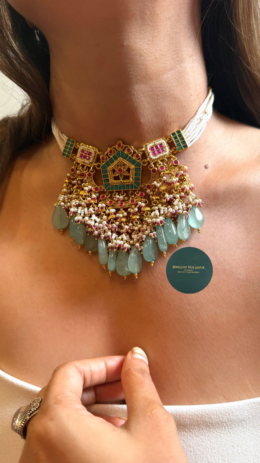 Paachi Royal Rani pink flora, mint & emerald rajwada choker set