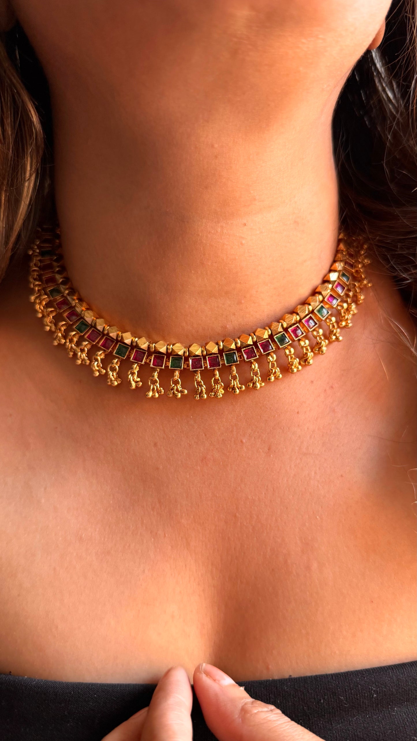 Maharashtra, Emerald and Ruby jhalar detailing Necklace