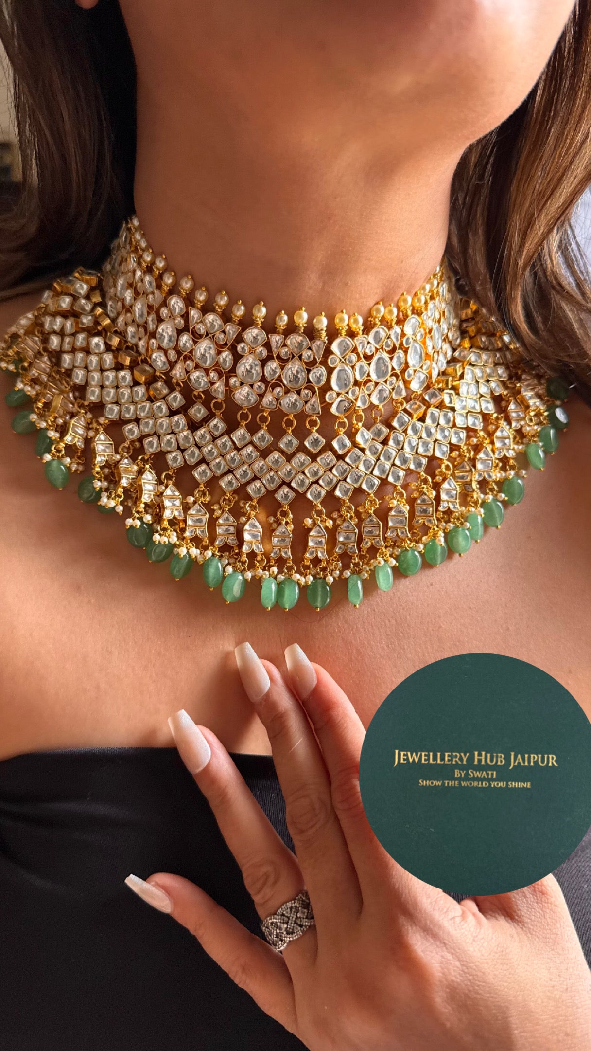 Handmade Paachi Kundan jadau bridal mint drops necklace