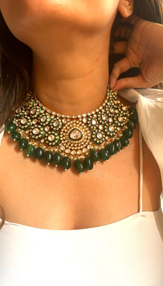 Emerald meenakari polki collar necklace set