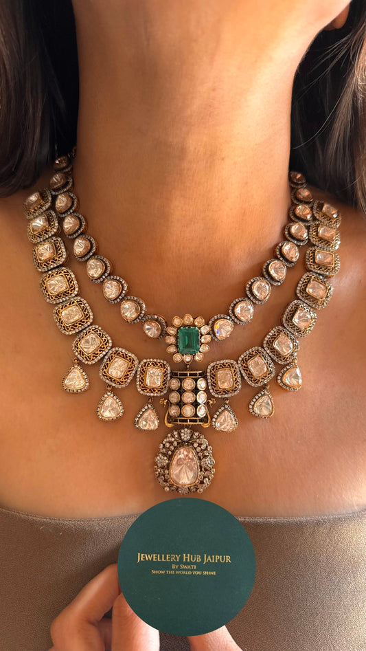 Emerald with peeli polki peacock inspired collar Necklace