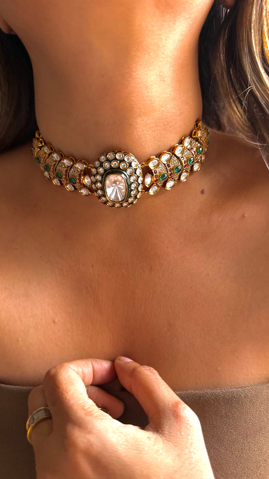 Emerald meenakari with mixed stone band uncut polki choker