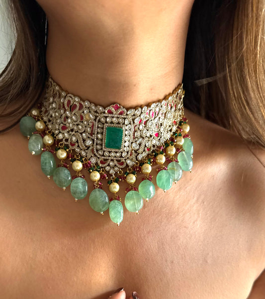 Emerald doublet & rani pink Moissanite with mint drops choker