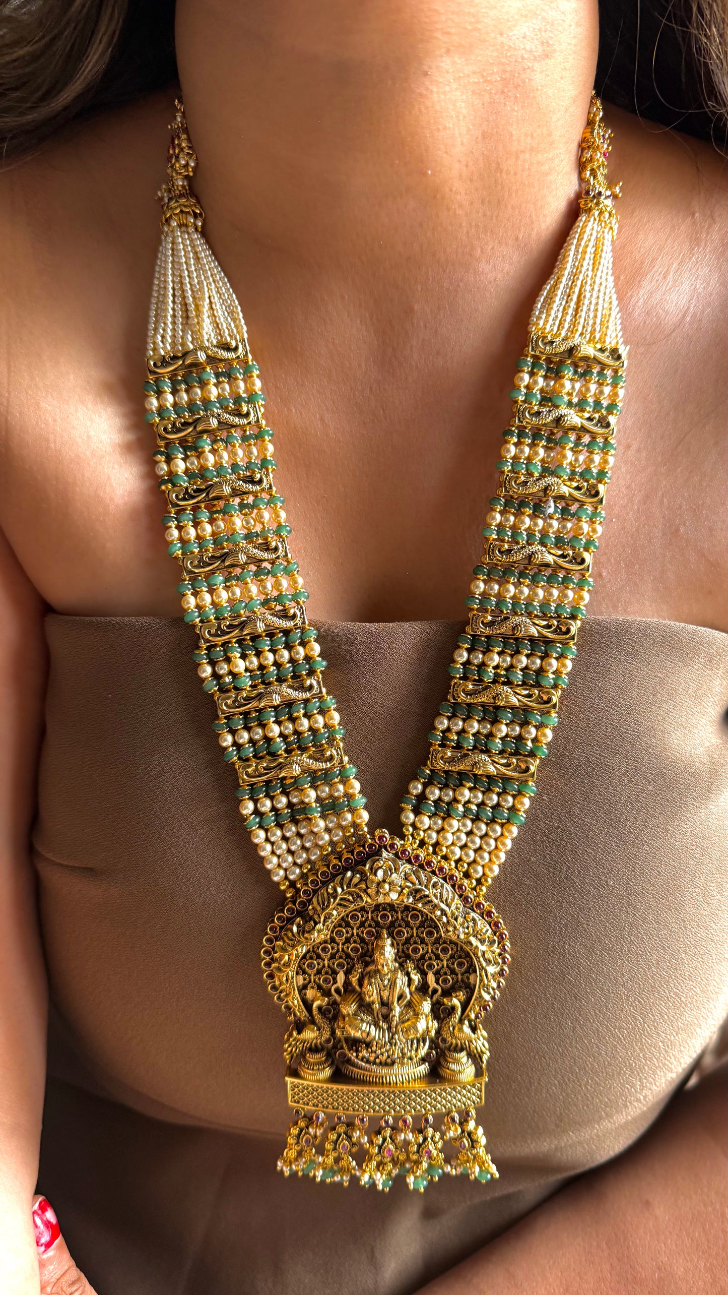 Goddess Laxmi Mint & Ruby ￼ long temple necklace