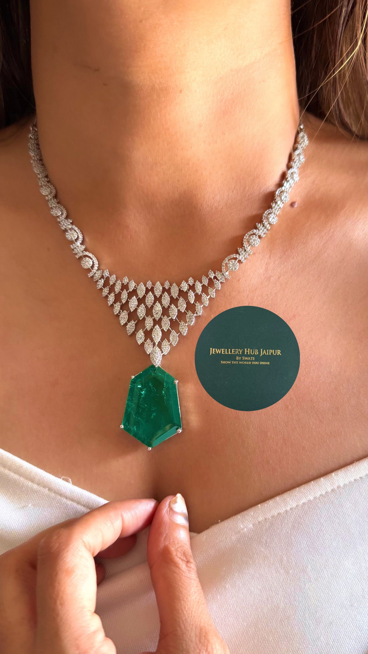 Tisya Emerald doublet cz diamond necklace