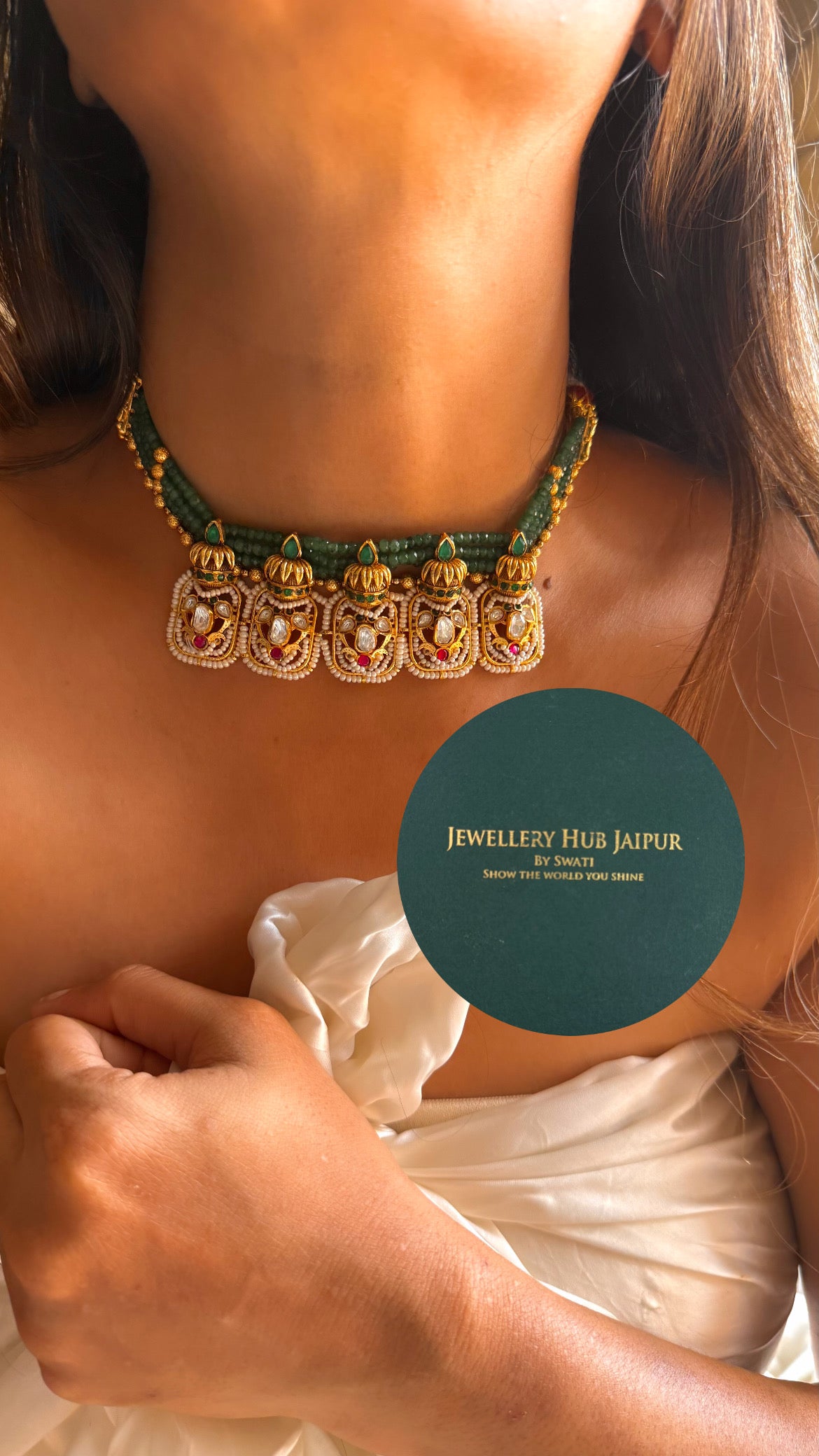 Emerald & rani pink designed kalash real moissanite choker set