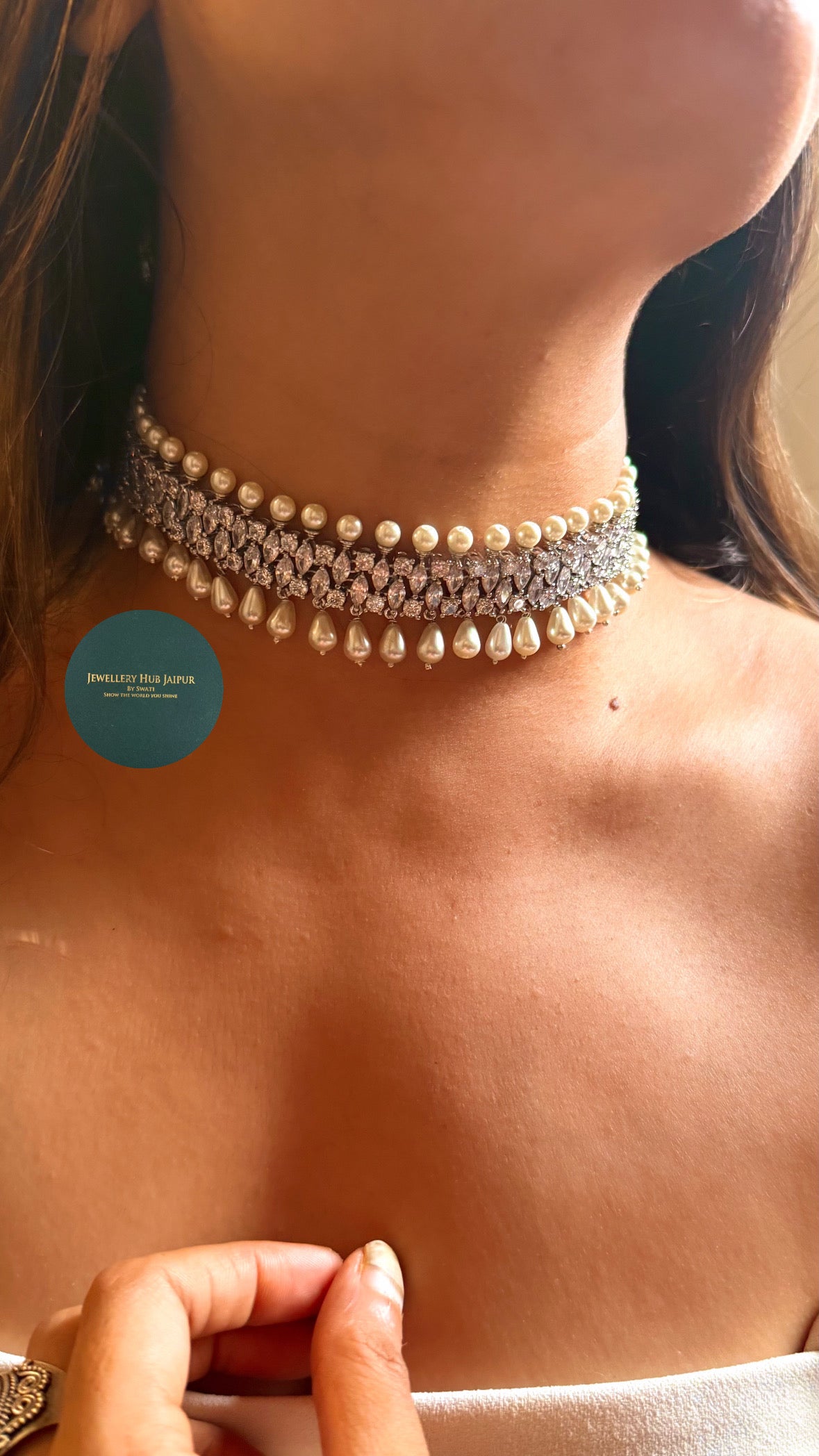 Celeste Cz diamond with pearl drop choker set