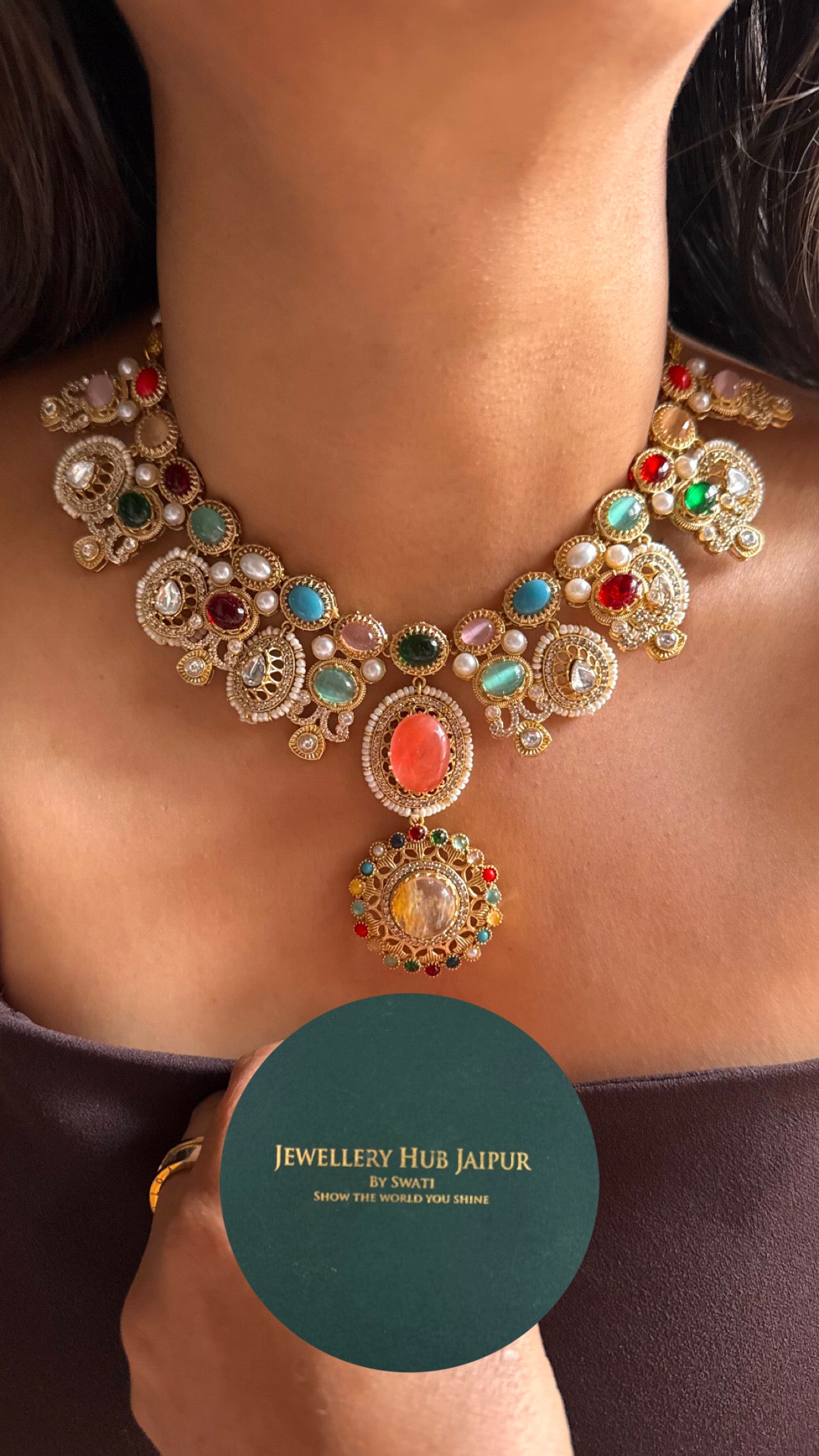 Sabhyasachi inspired navratna peach necklace
