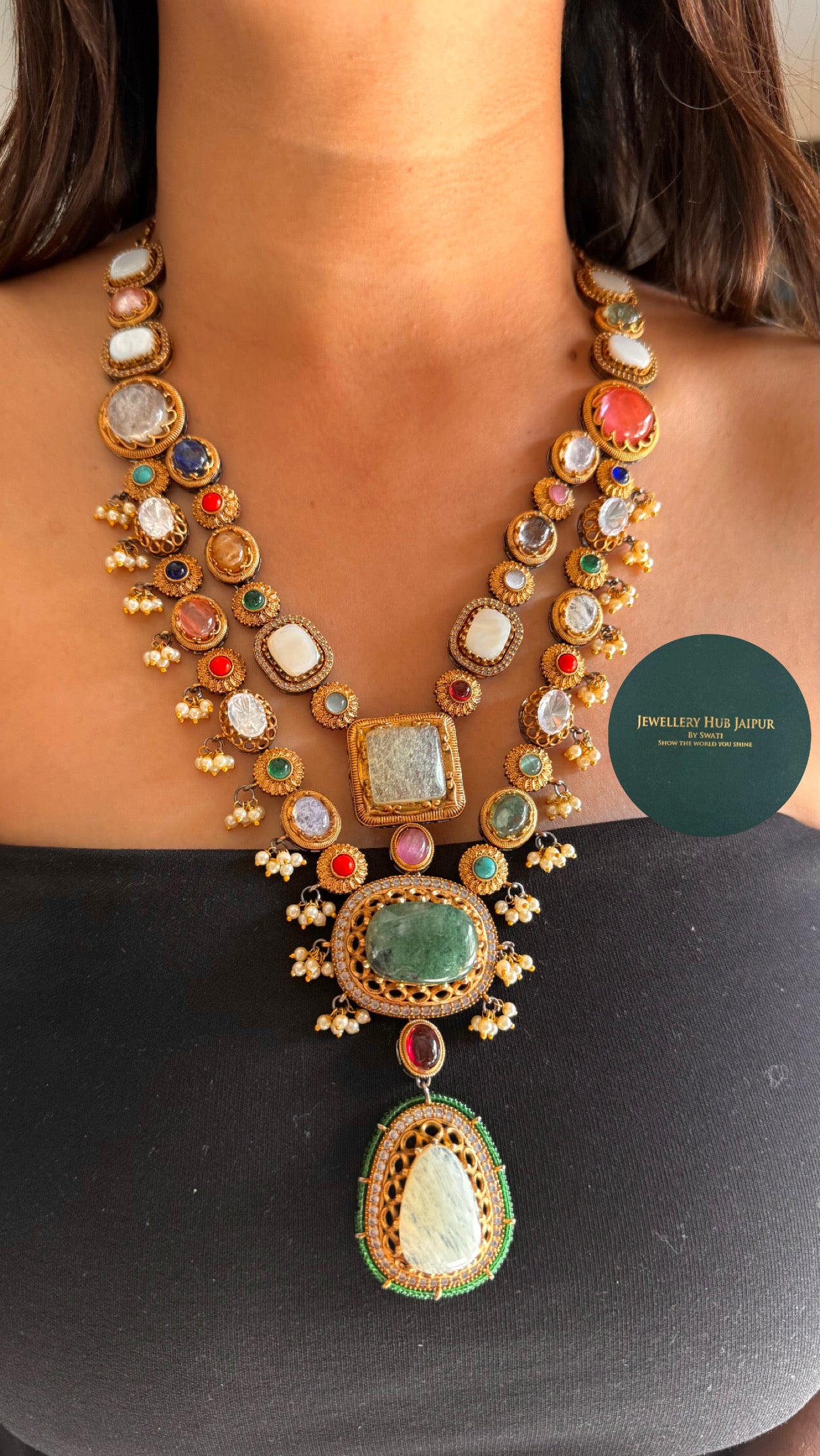 Vintage Sabyasachi inspired dual line long Navratna necklace