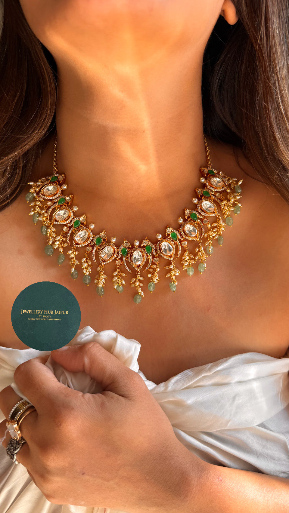 Real moissanite panna peacock inspired necklace with strawberry drops