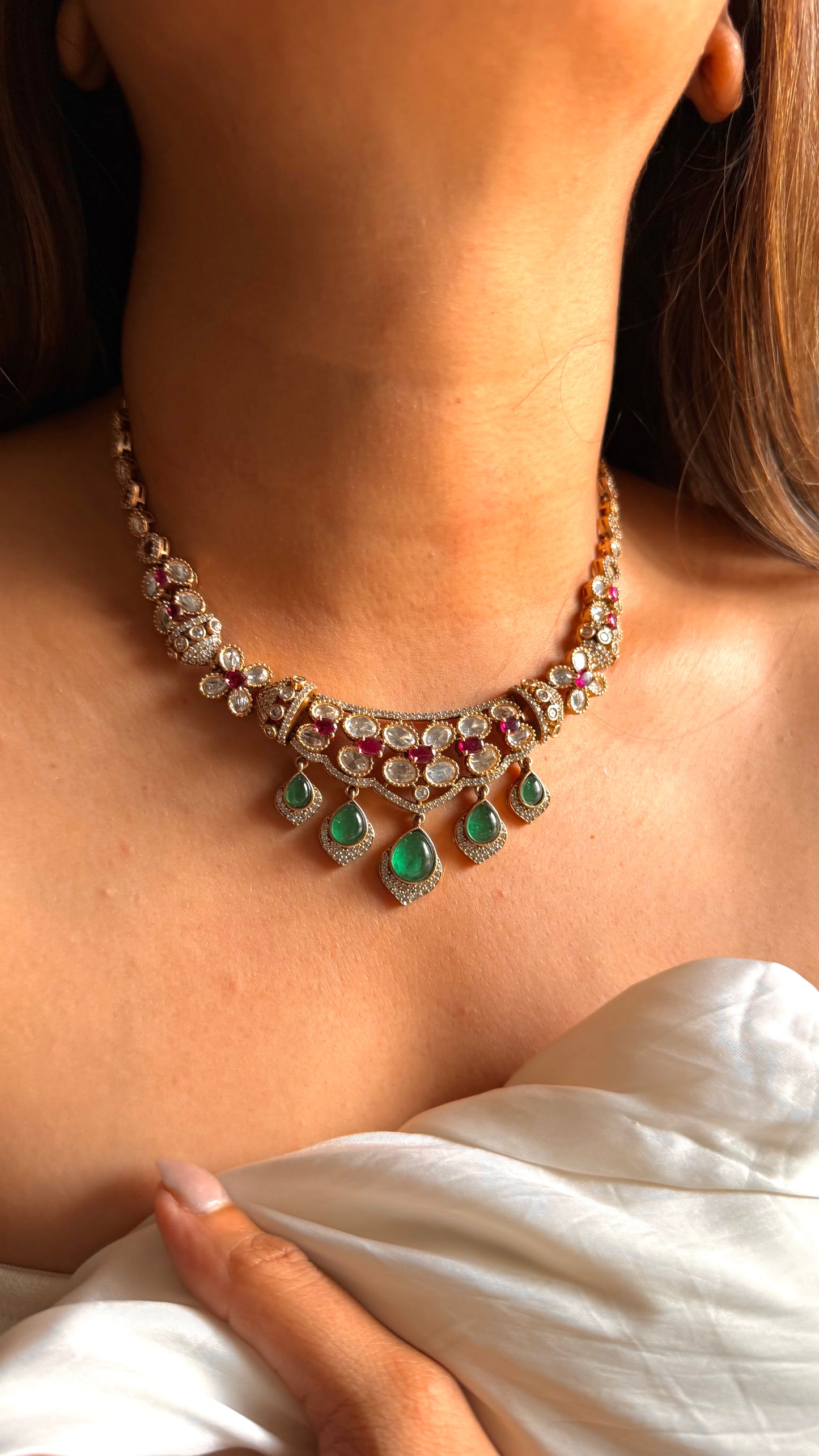 Emerald doublet & rani pink Moissanite collar set