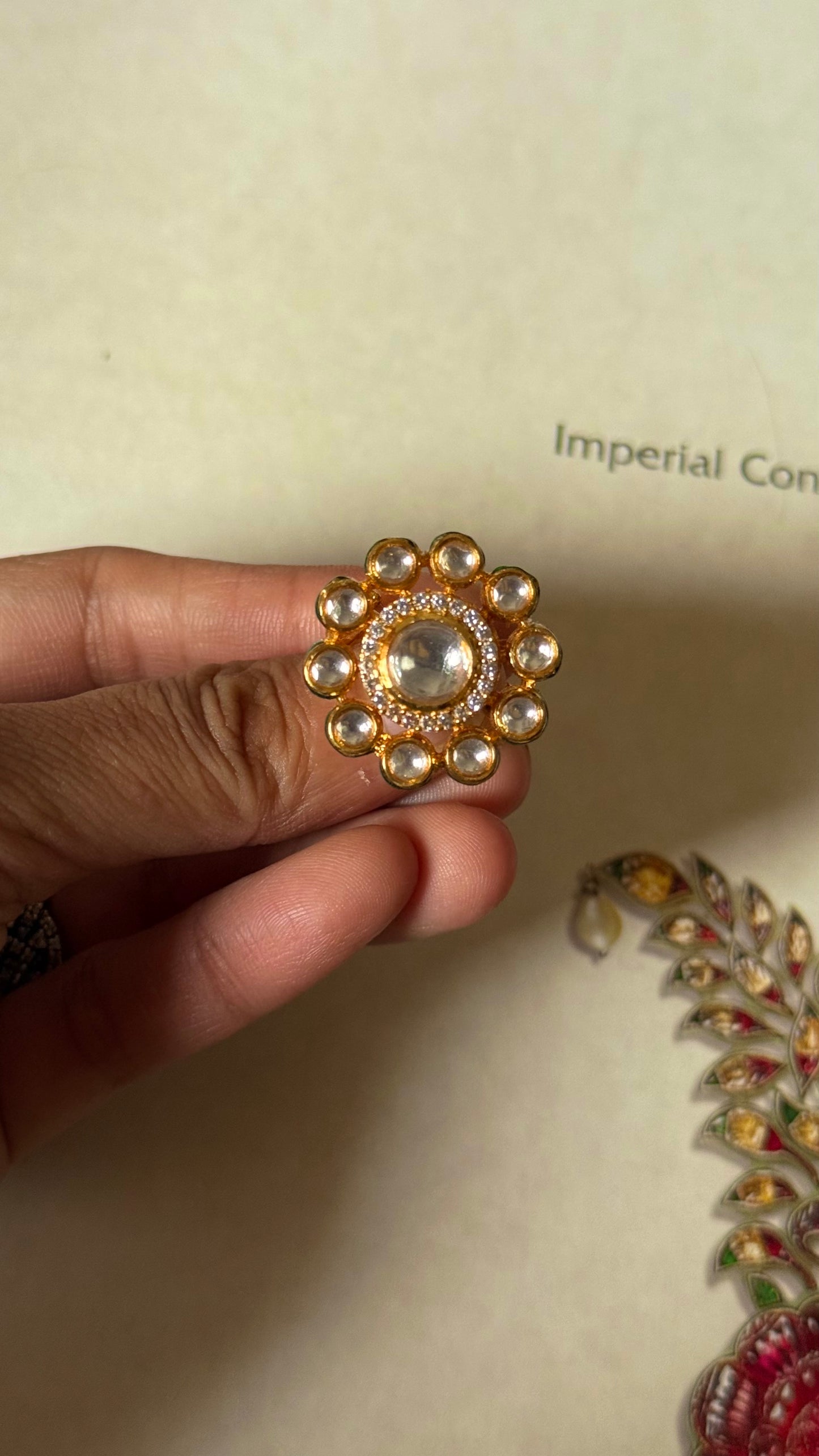 Moissanite polki floral emerald meenakari adjustable ring