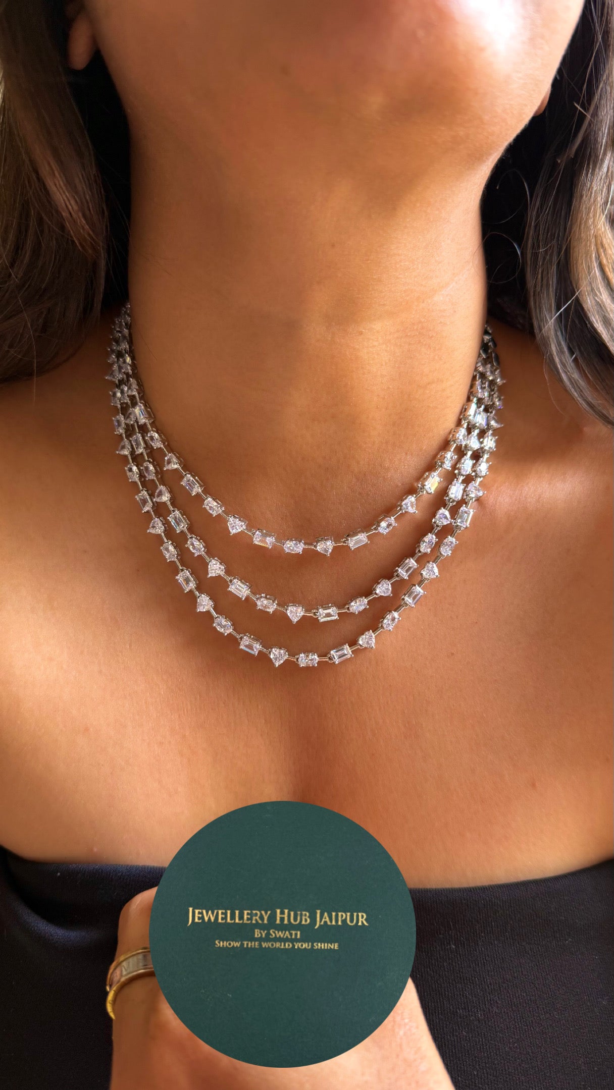 Uncut cz diamonds triple line Necklace