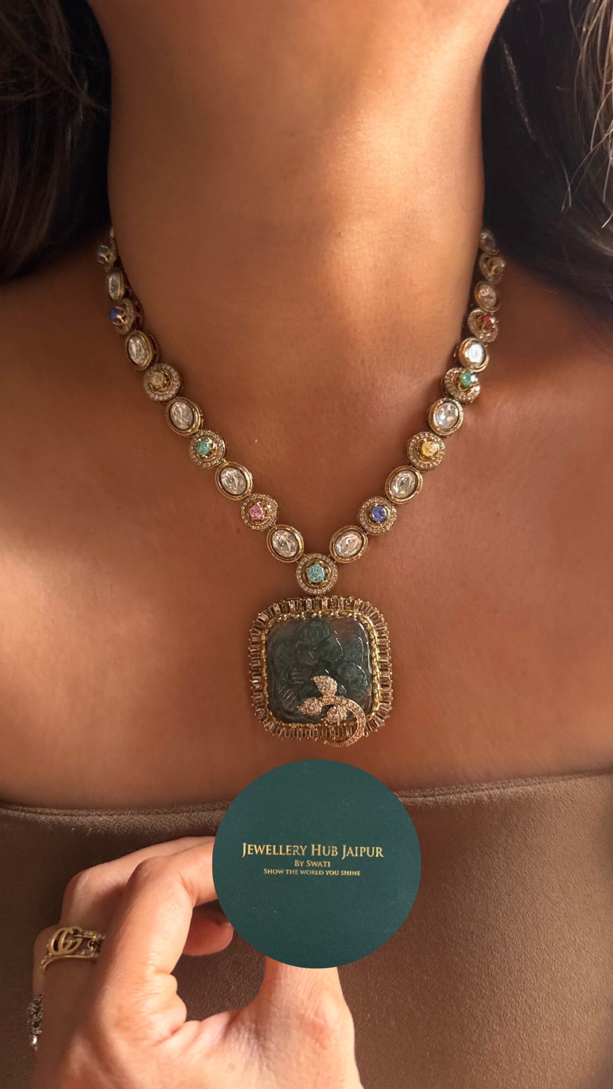 Sabyasachi inspired Sage green carving stone multicoloured collar necklace