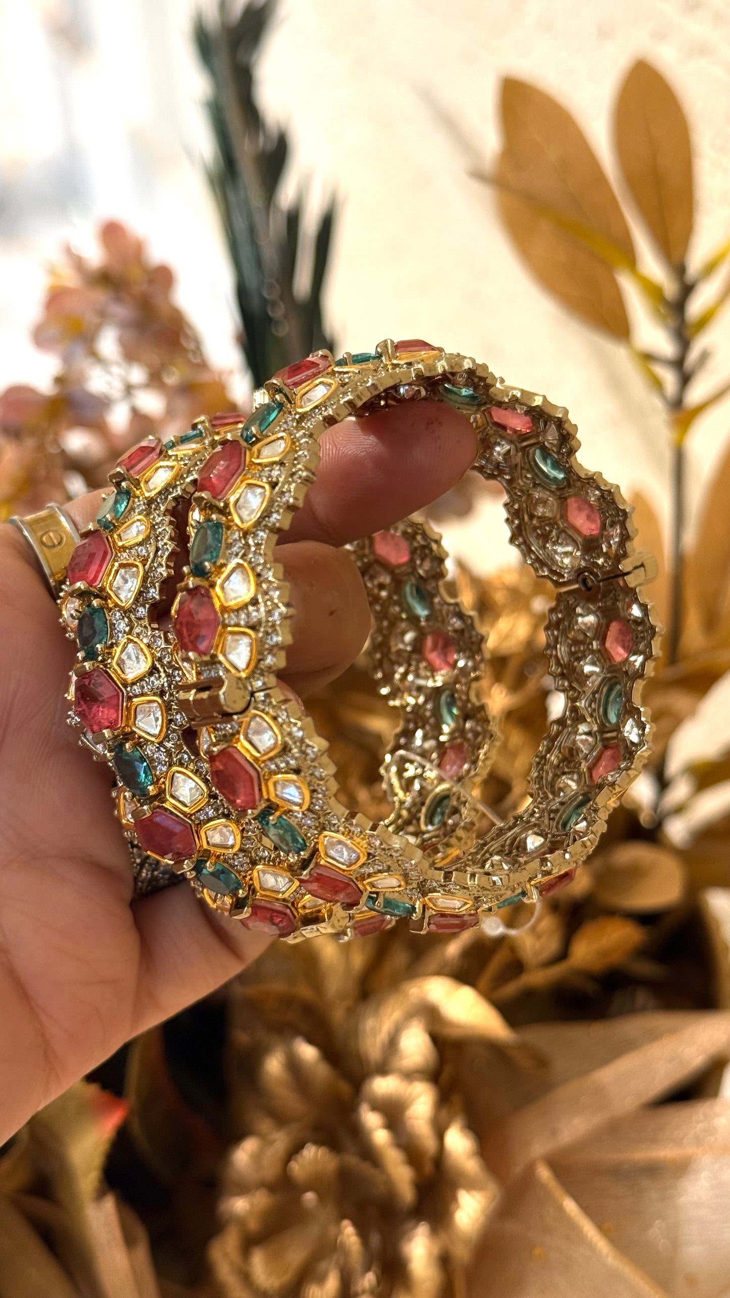 Turquoise & Mauve Moissanite Polki Bangles