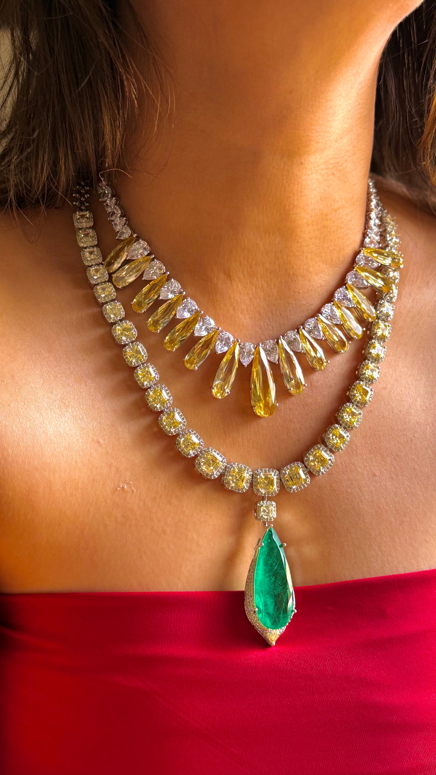 Topaz diamond with emerald drop combo