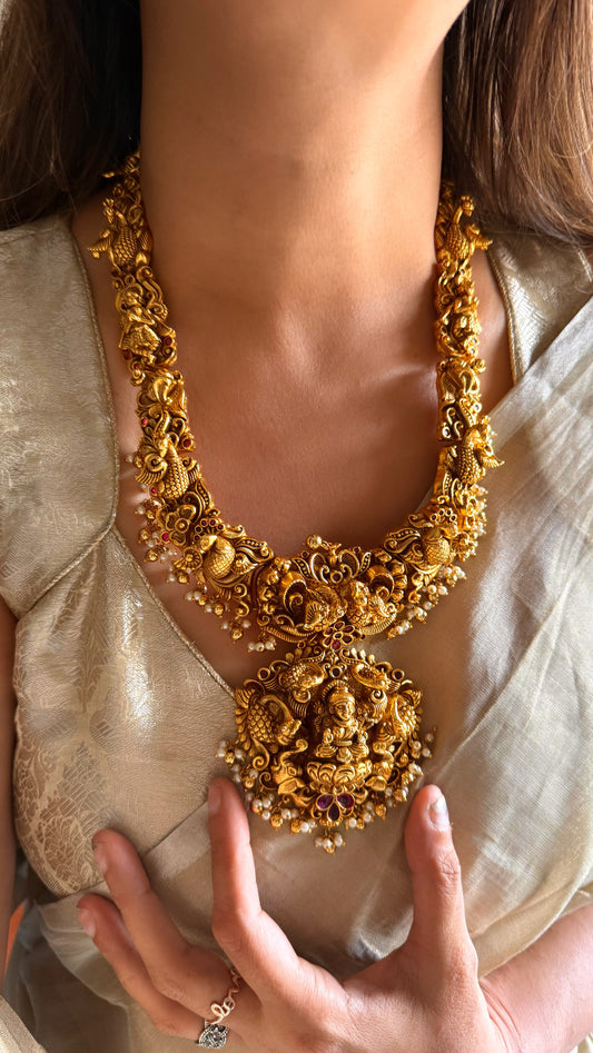 Maa Laxmi on lotus temple mid length necklace