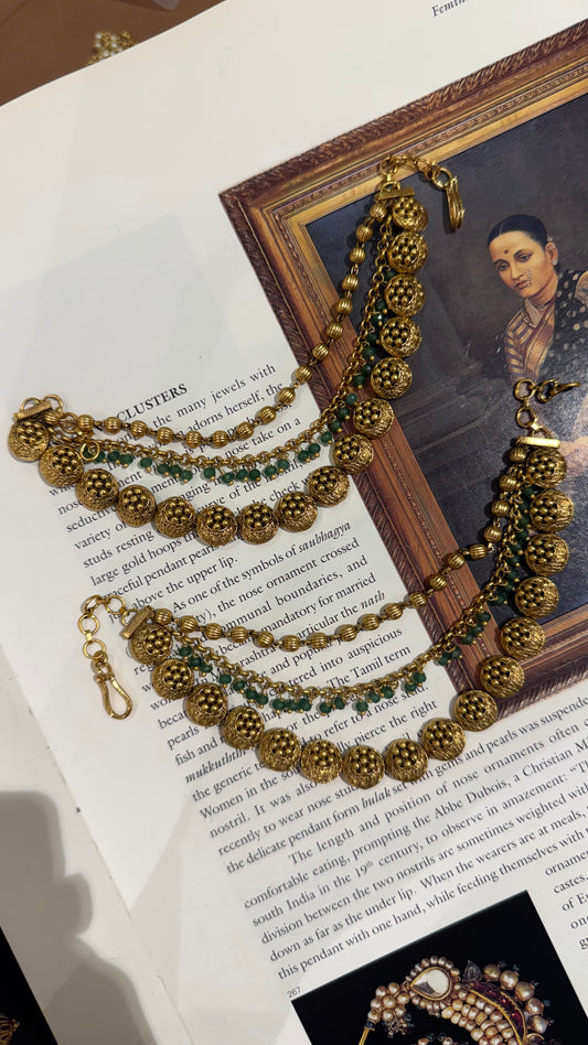 Mint Floral Rajawada Nakshi Triple Layer Earchain