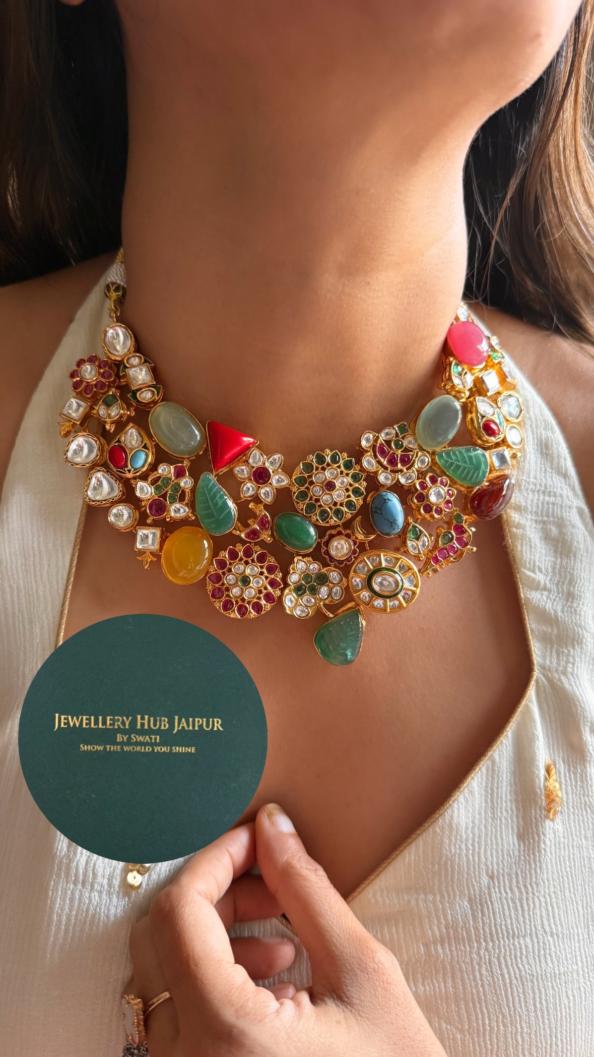 Navratna pastel with leaf inlay collar set