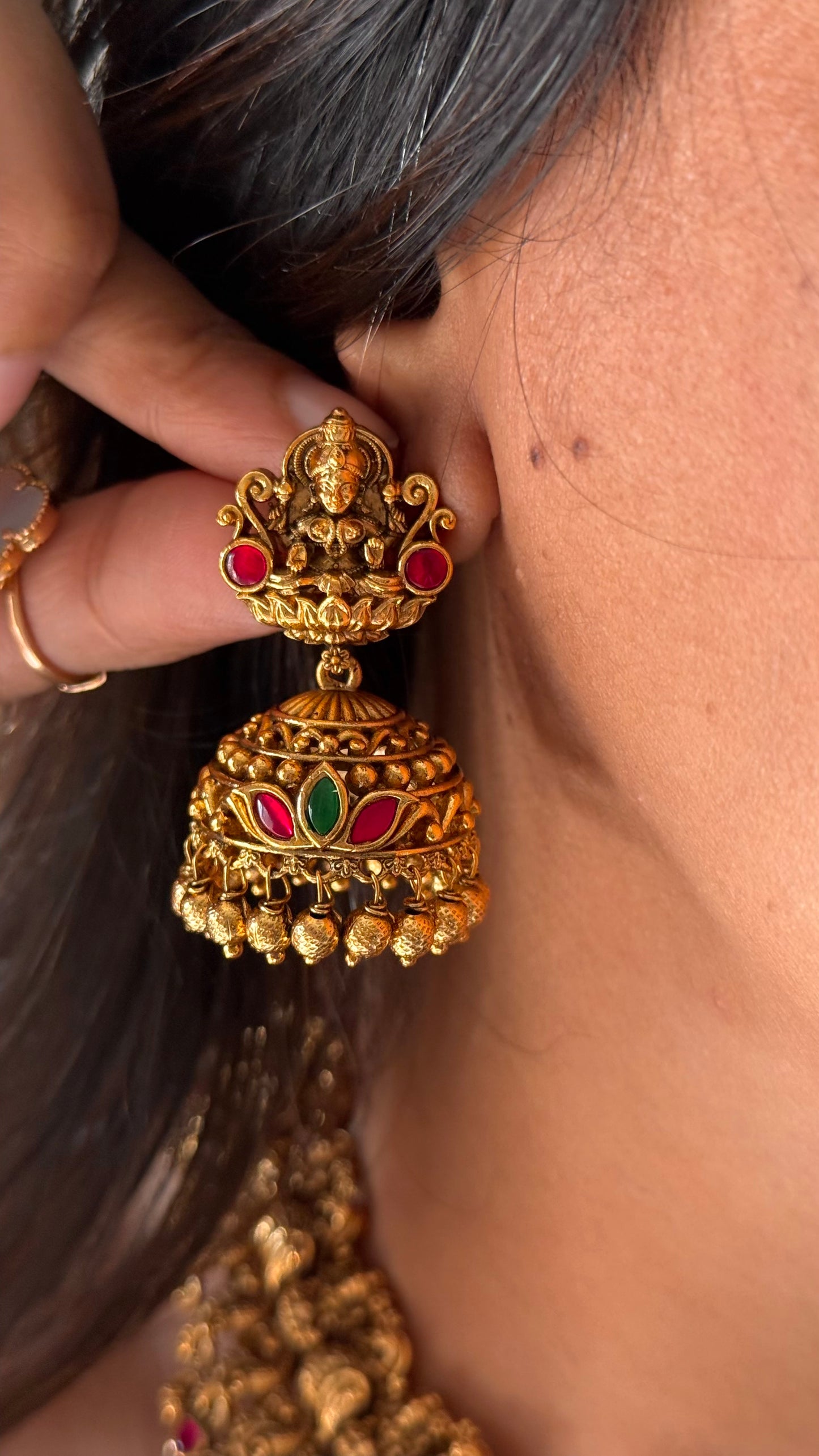 Goddess Laxmi Rani pink ruby temple paachi kundan necklace set