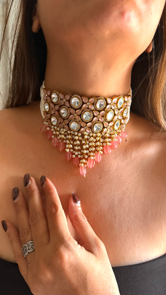 Rose quartz moissanite uncut thread choker