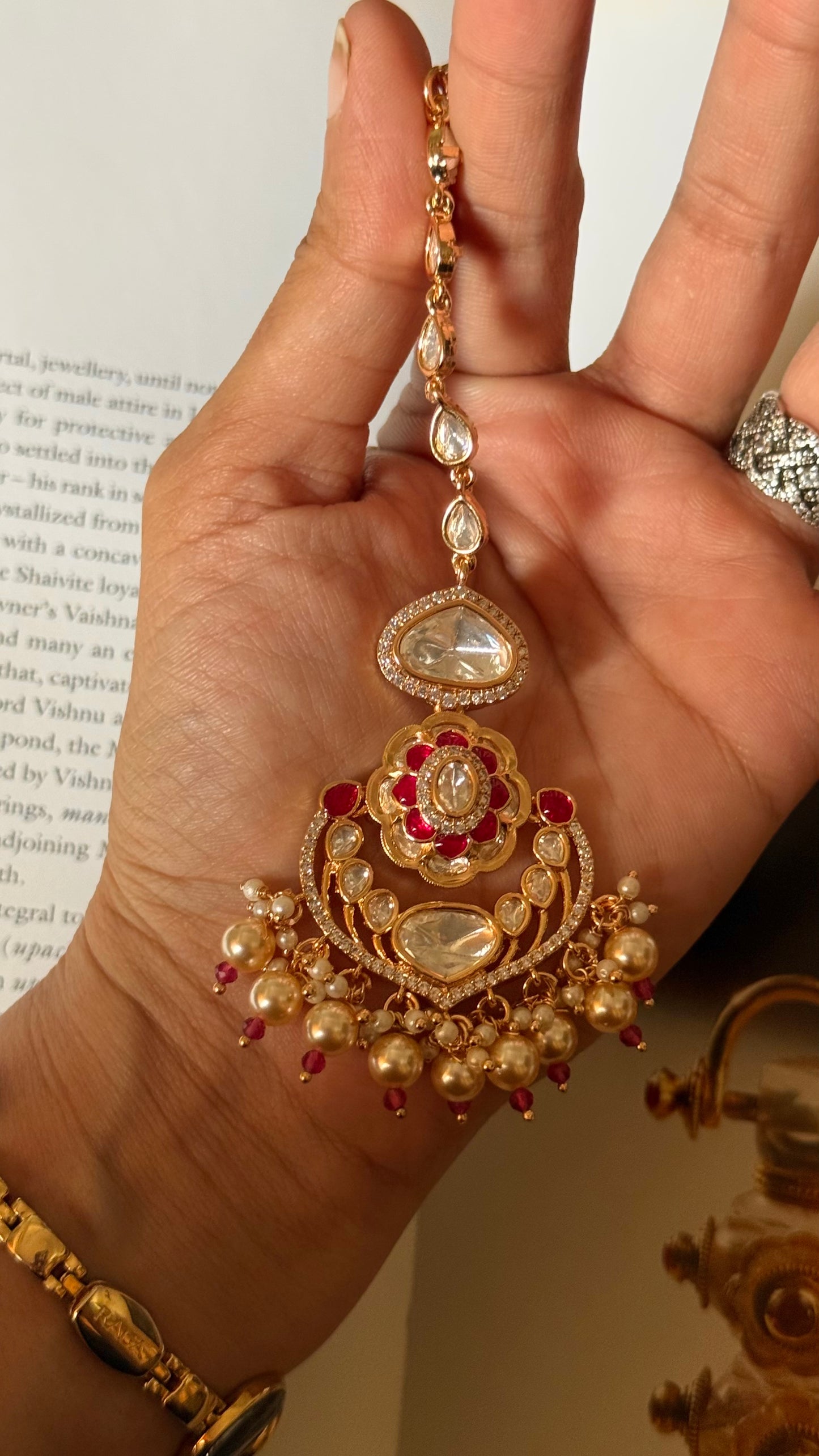 Ruby moissanite with pearl drop maangtika