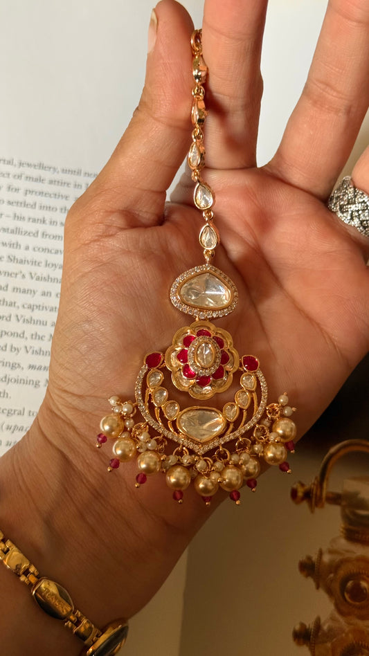 Ruby moissanite with pearl drop maangtika