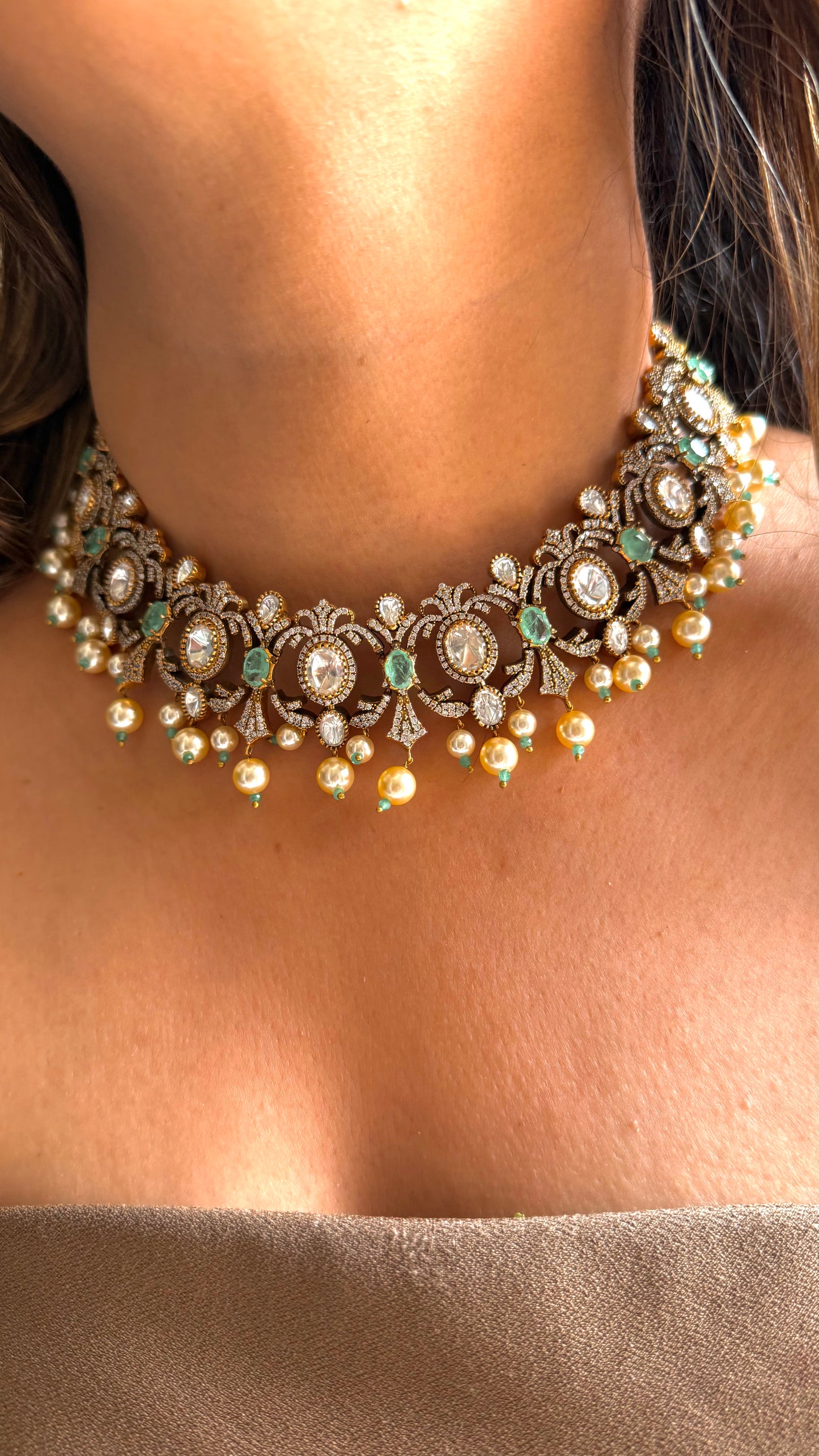 Pritam- Victorian Mint Collar Necklace with pearl detailing