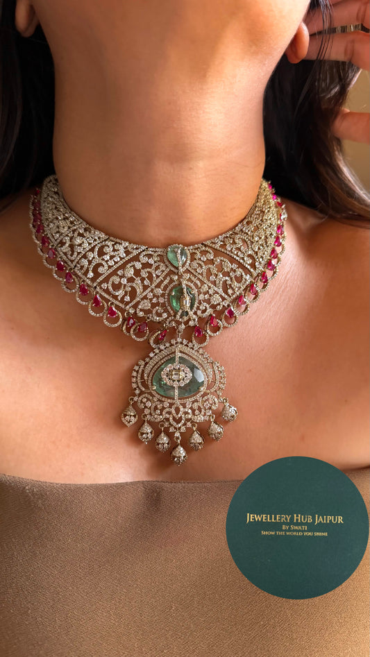 Cz ad work ruby Victorian collar necklace