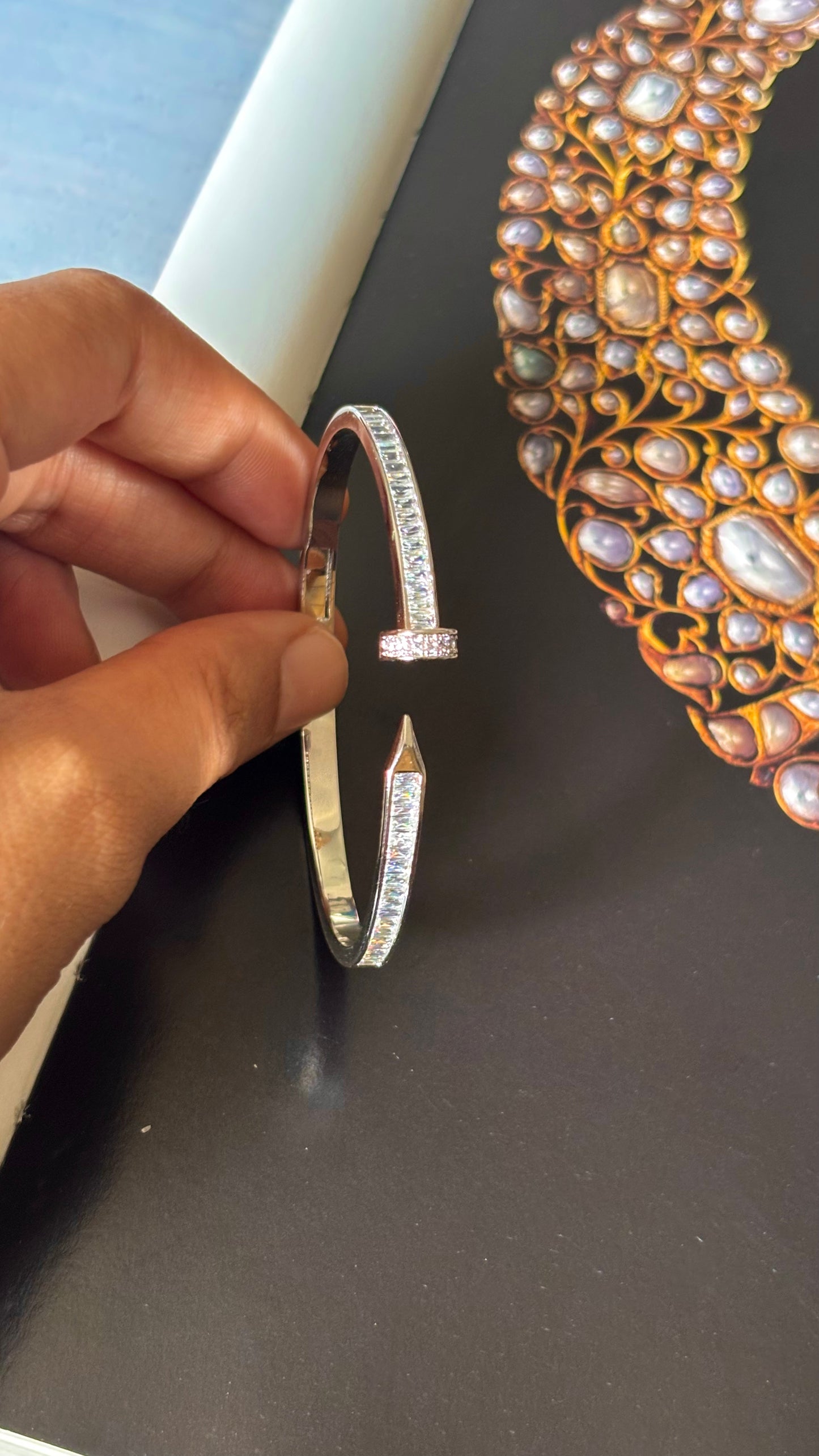 Silver Tone with diamond Open Nail Bracelet