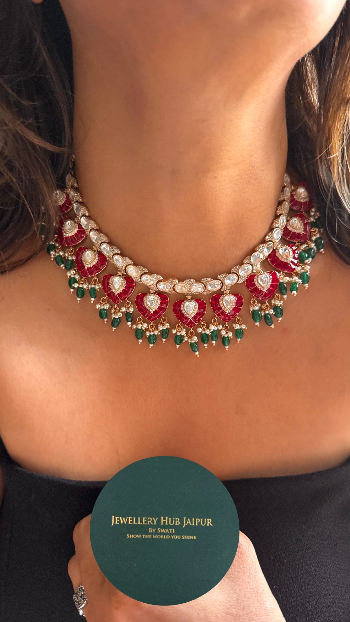 Rani pink ruby with emerald drops collar necklace