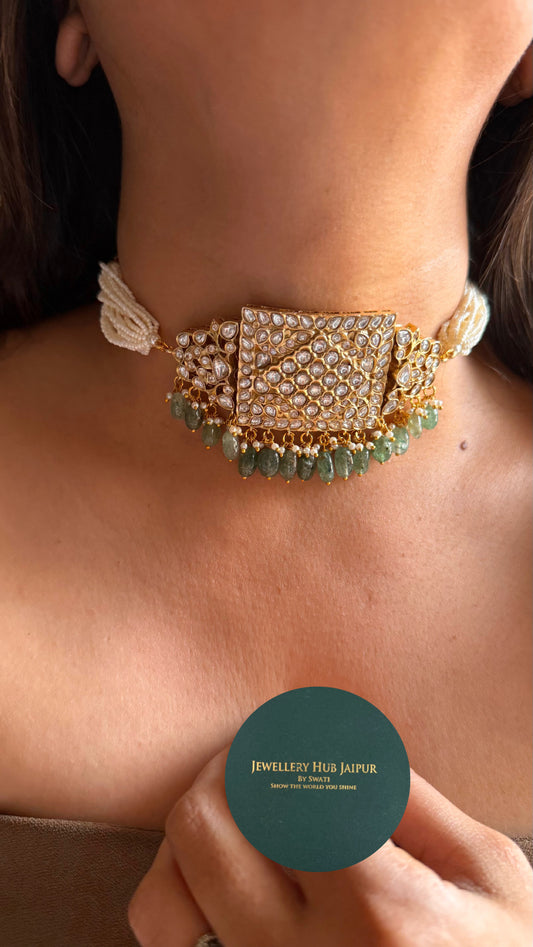 Paachi Kundan Jadaau with mint drops  thread choker necklace