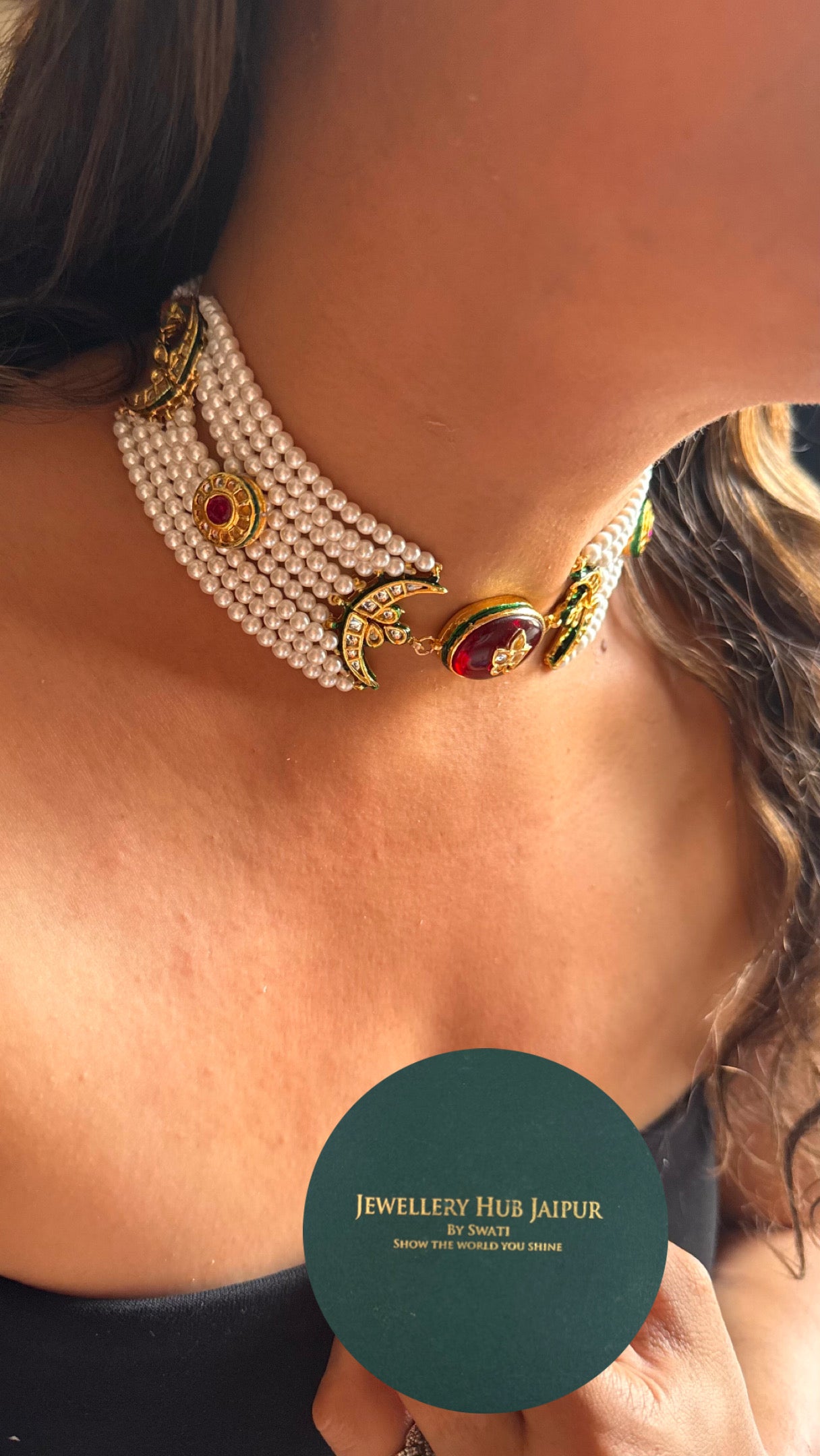 Ruby inlay meenakari work with half moon choker necklace set