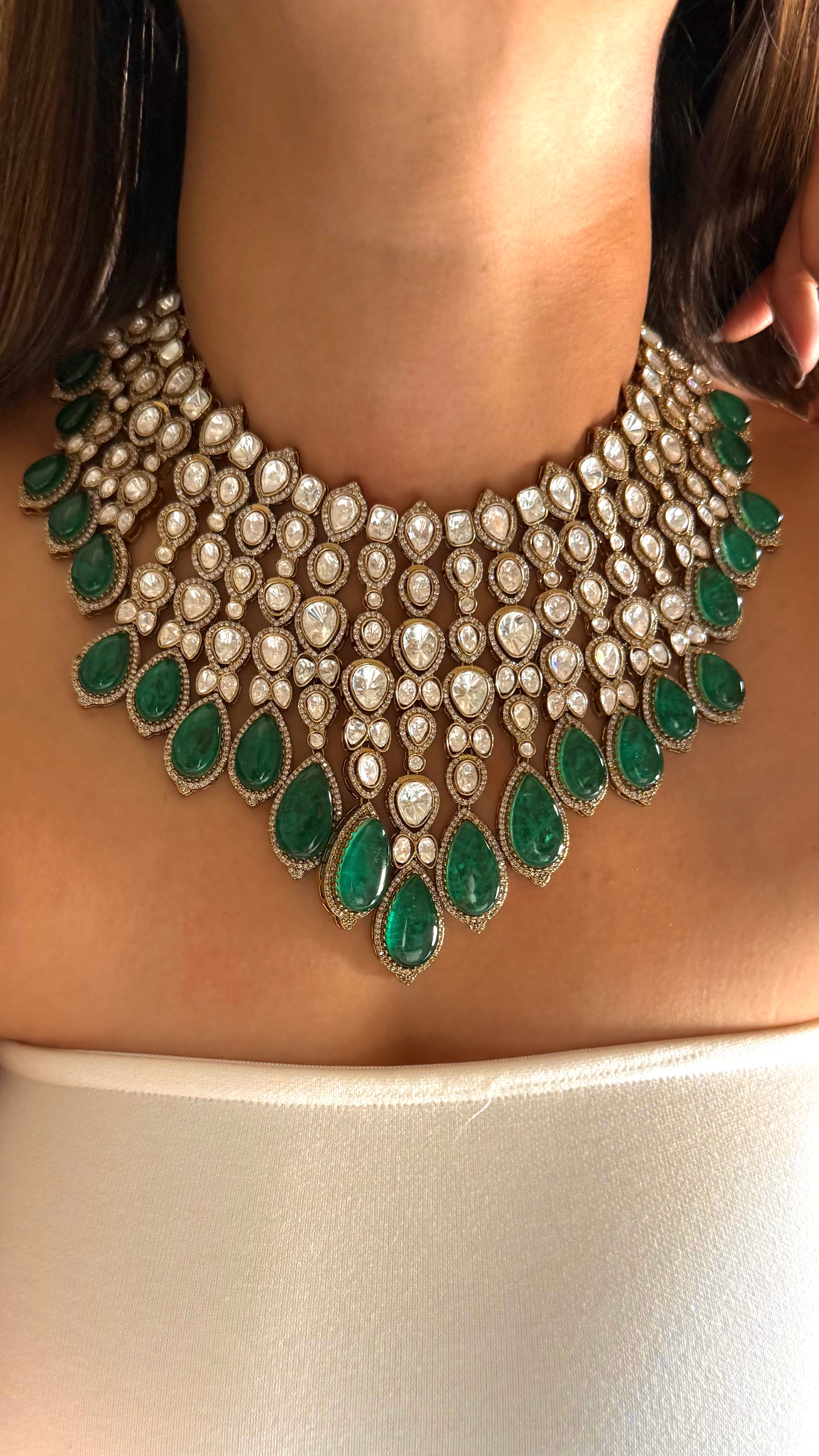 Emerald doublet leaf & moissanite set