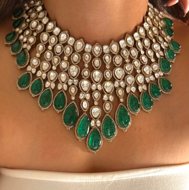 Emerald doublet leaf & moissanite set
