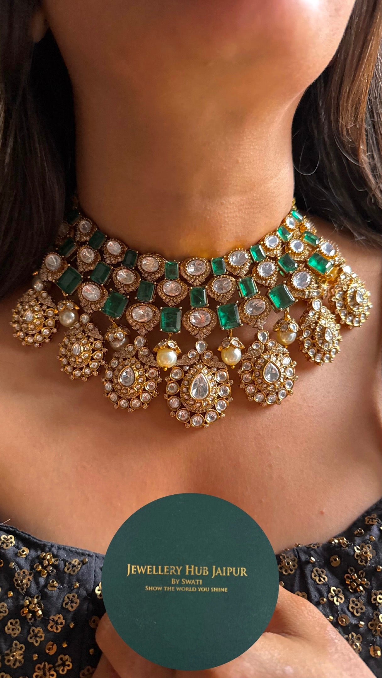 Emerald doublets with real Moissanite bridal combo Necklace