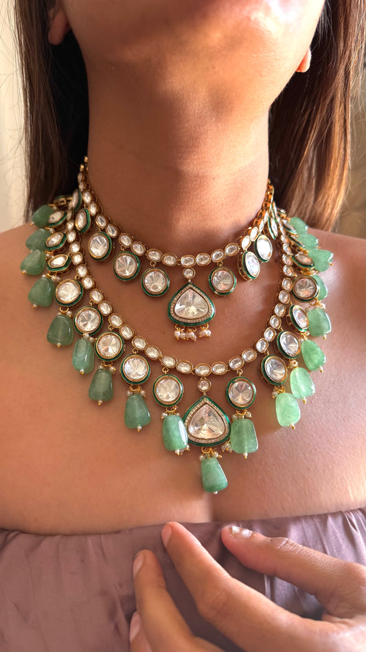 Emerald meenakari moissanite mint dual layer necklace
