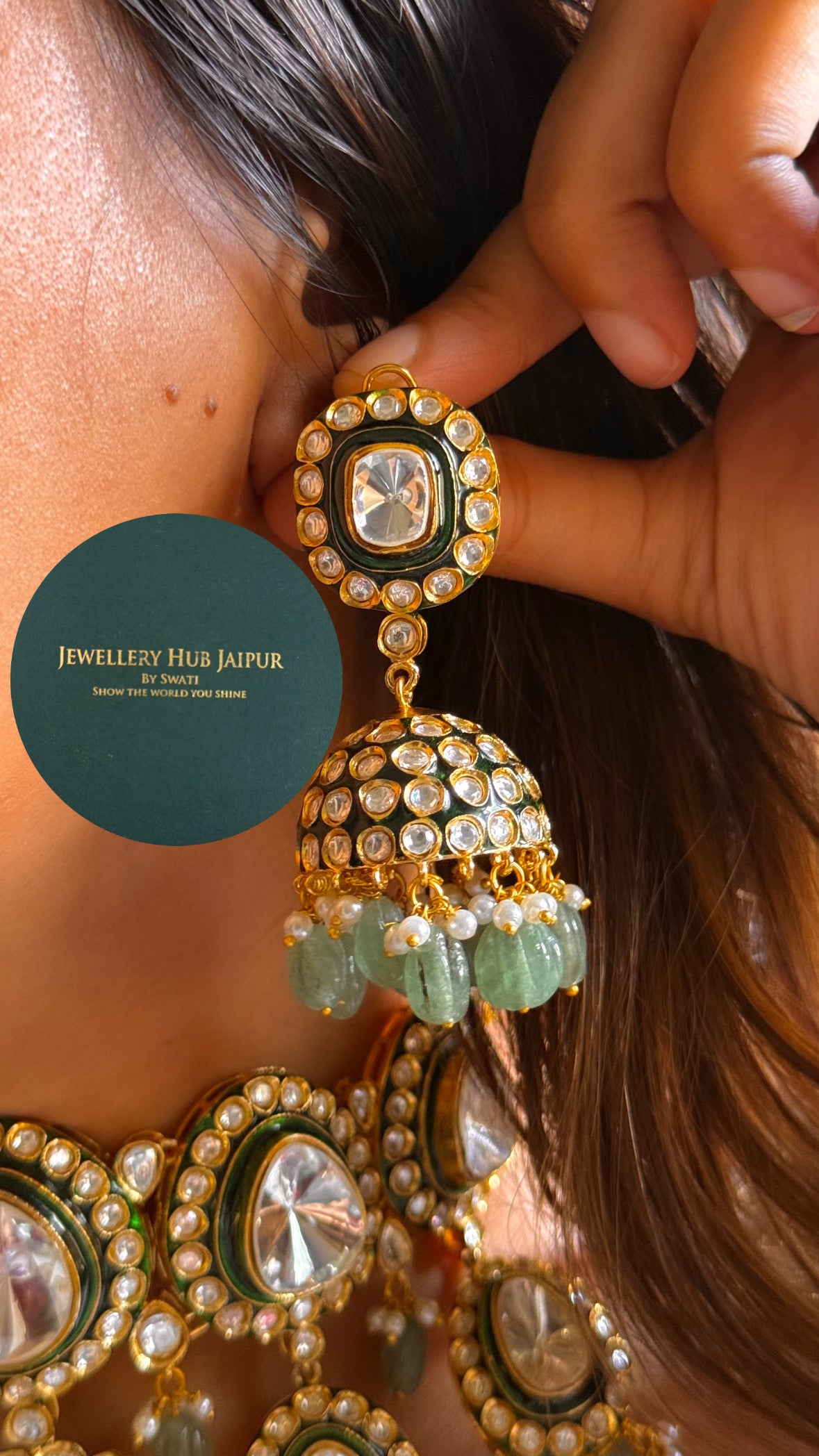 Emerald meenakari polki with mint drop choker