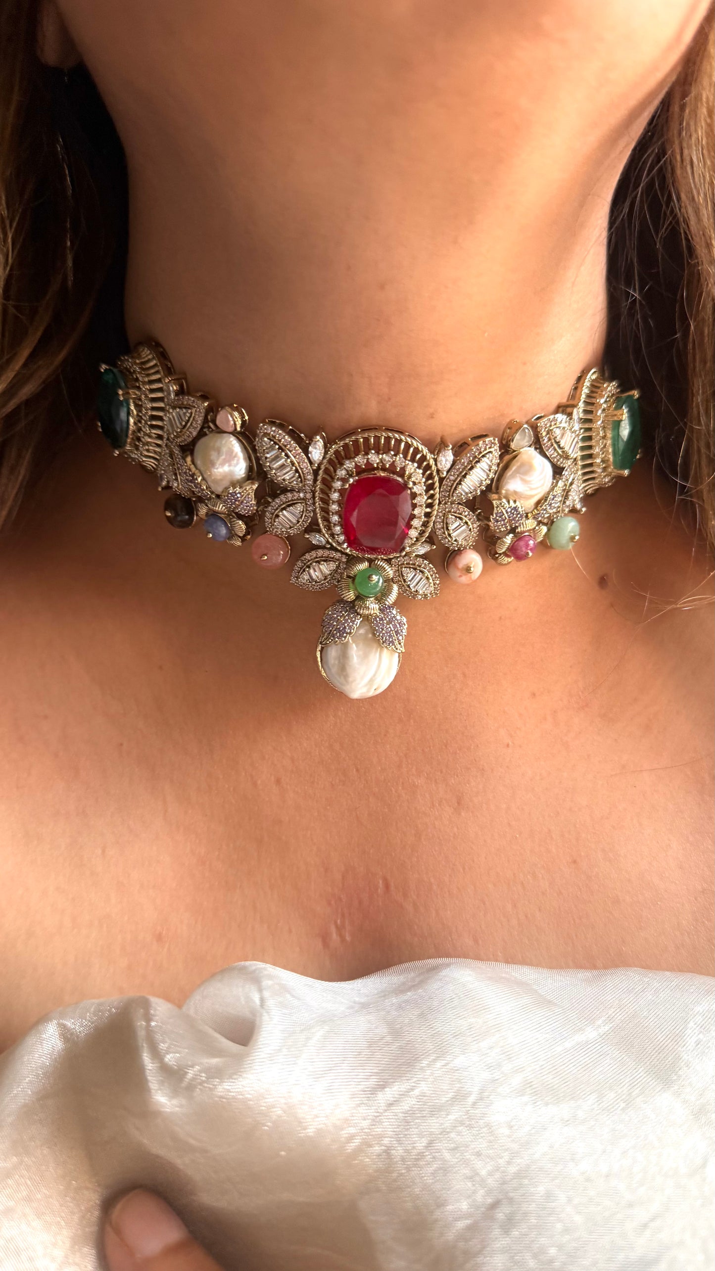 Ruby & Emerald Sabya inspired necklace with Mother of pearl detailing