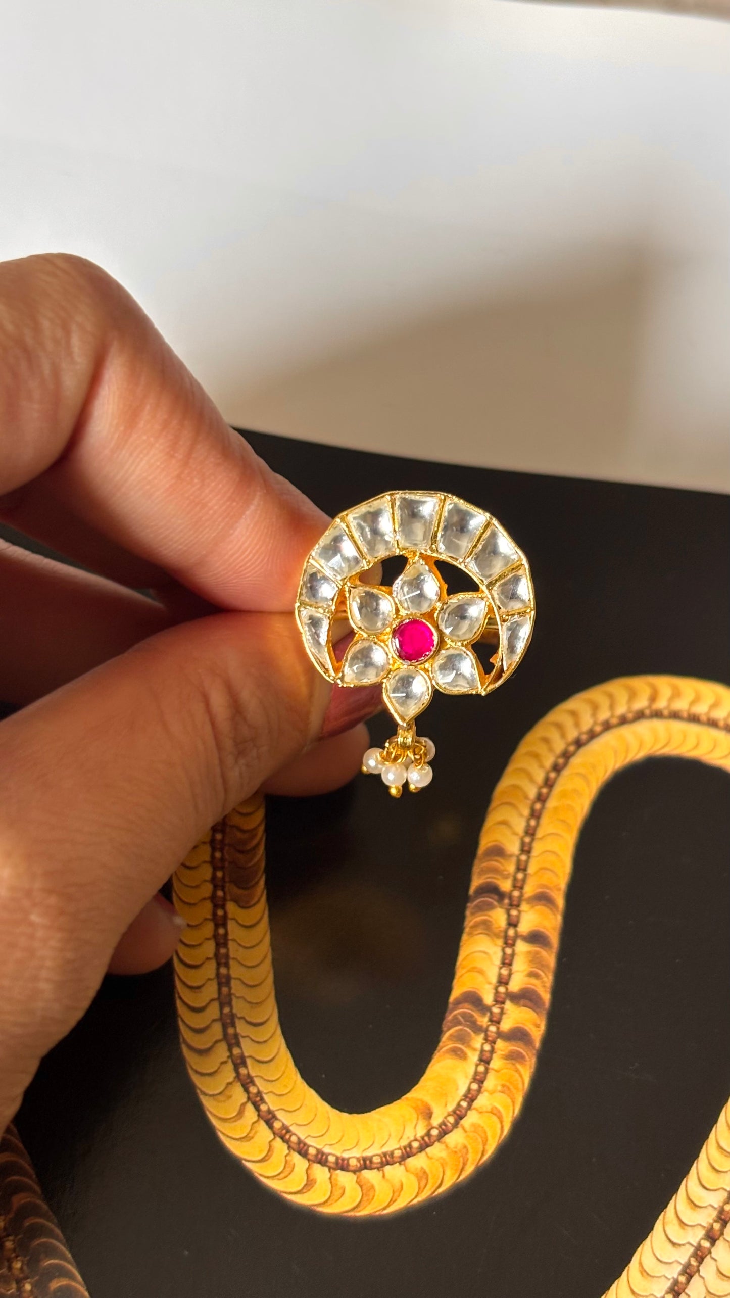 Floral half moon inspired Paachi Kundan adjustable Ring