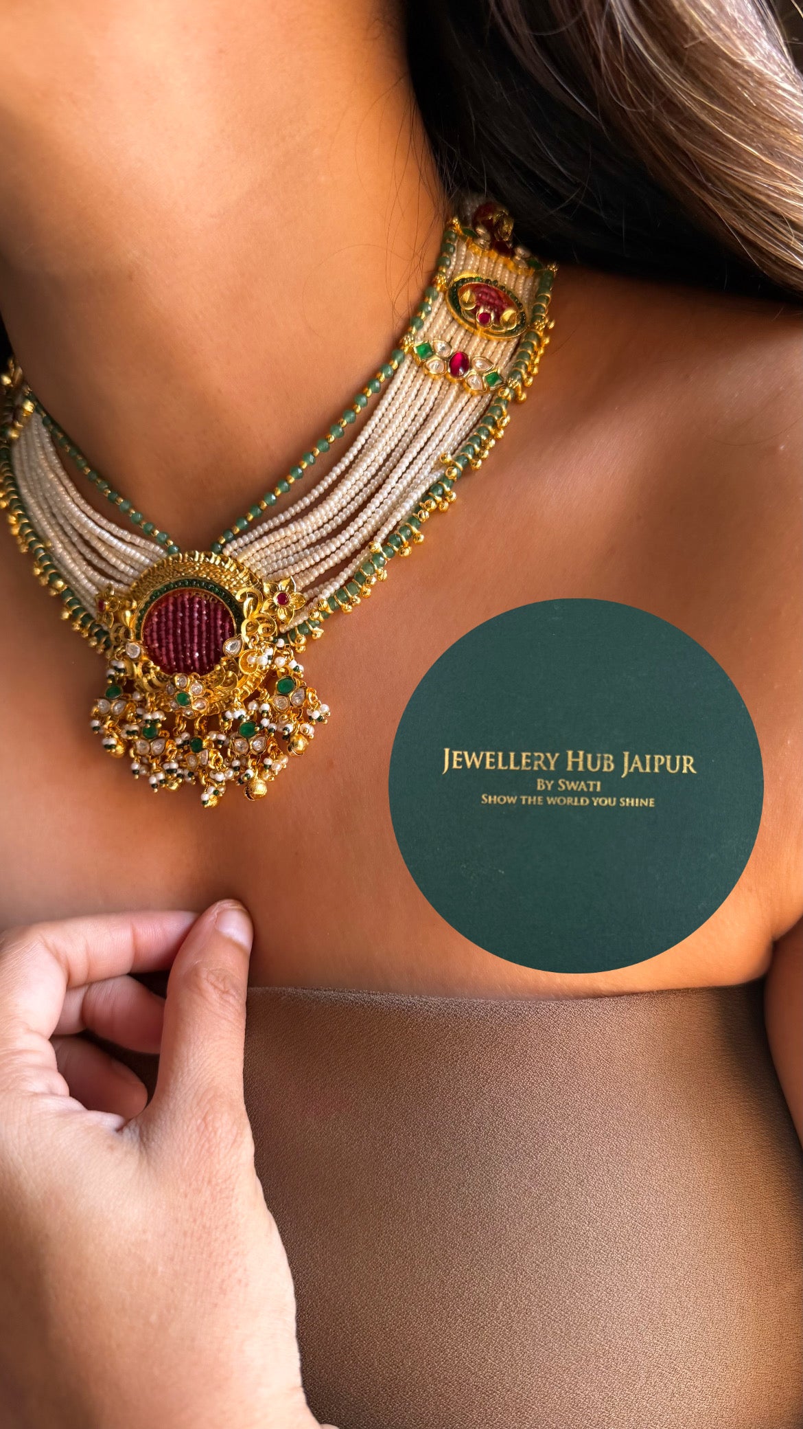 Real moissanite ruby & mint royal rajwada design heritage collar set